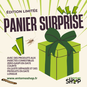 Découvre notre panier surprise aux insectes ! Un mélange unique de produits zéro déchet et de délicieuses recettes à base d'insectes . Parfait pour un apéro original et engagé !